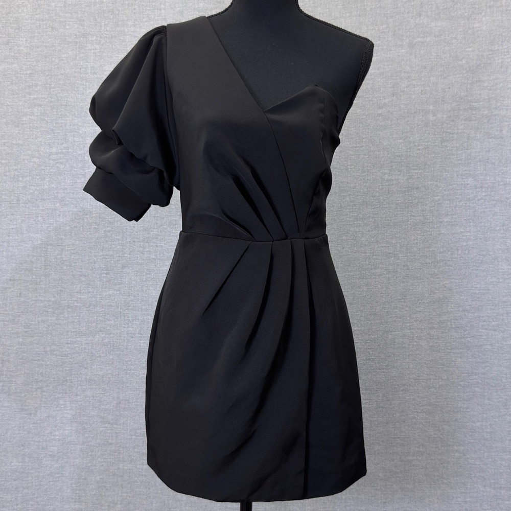 DO+BE Womens Black One Shoulder Puff Sleeve Pleated Mini Dress Y19734 Size M